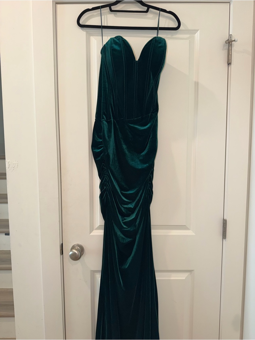 Fashion Nova Emerald Green Velvet Strapless Evening Gown